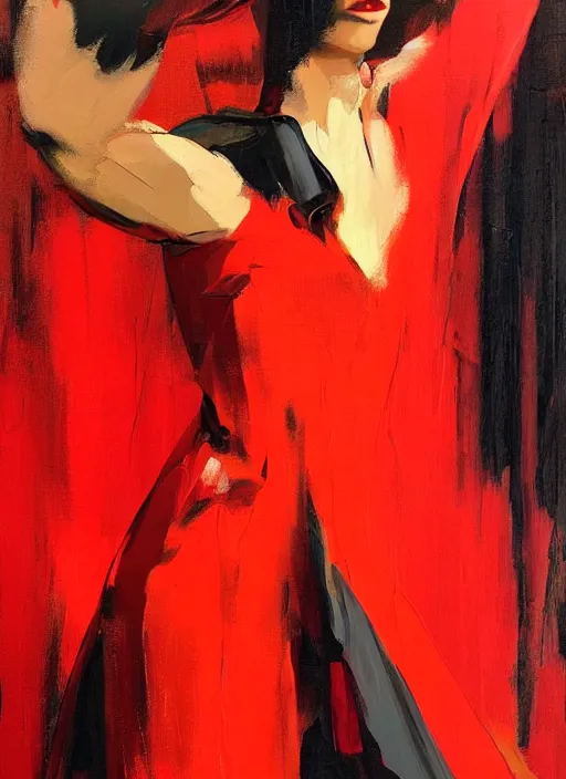 Image similar to fashion model in red dress, painting by phil hale, fransico goya,'action lines '!!!, graphic style, visible brushstrokes, motion blur, blurry, visible paint texture, crisp hd image