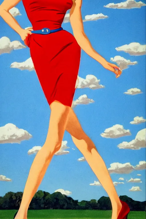 Image similar to full body portrait of gal gadot in the style of bill medcalf, red dress, blue sky with a few clouds, retro, 1 9 5 0, 4 k, detailed, headroom, rule of thirds