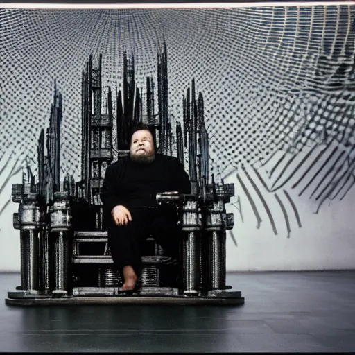 Image similar to chunky orson welles sitting on a dark throne, in an alien room by hans giger, movie by denis villeneuve, lubezki, gaspar noe and alejandro jodorowsky, anamorphic lens, anamorphic lens flares, kodakchrome, cinematic composition, practical effects, award winning photo, 8 k