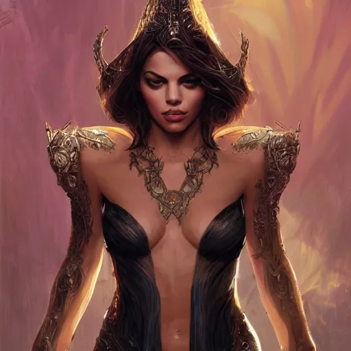 Prompt: a portrait of jenna dewan as a sorceress, upper half portrait, urban motifs, intricate, elegant, highly detailed, digital painting, trending on artstation, concept art, smooth sharp focus, illustration, art by artgerm and greg rutkowski