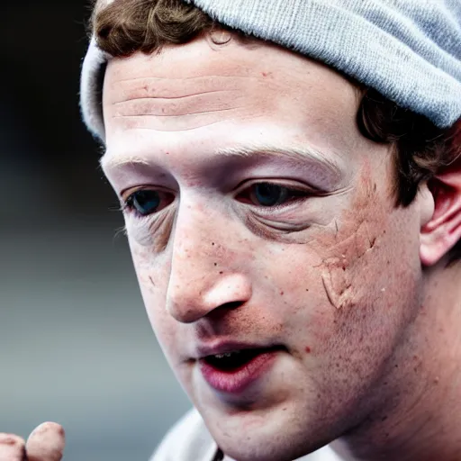 Image similar to mark zuckerberg as a dirty decrepit homeless man begging for money, 4 k ultra high detailed