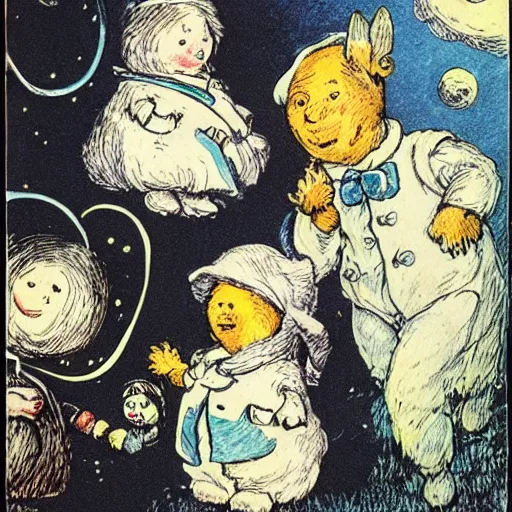Image similar to celestial talking moon candid portrait, surrounded by clouds, illustrated by peggy fortnum and beatrix potter and sir john tenniel