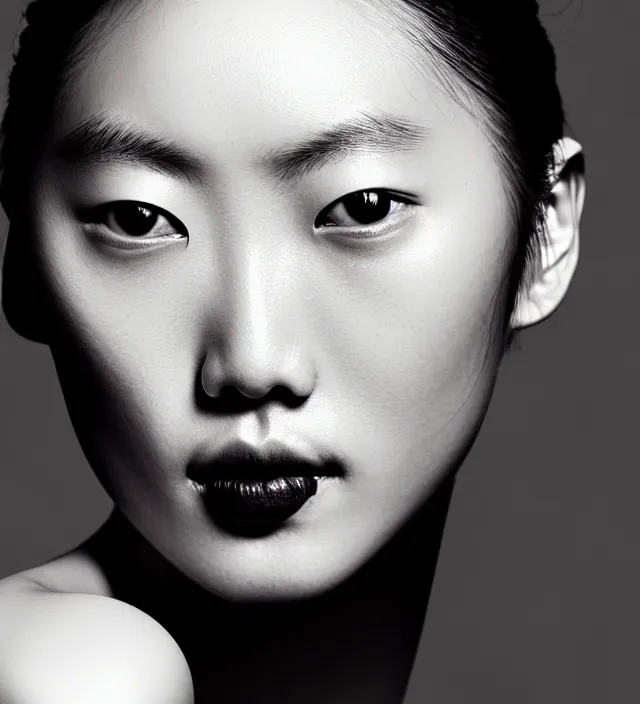 Image similar to photography facial portrait of liu wen, natural background, natural pose, wearing stunning cape by iris van herpen, with a colorfull makeup. highly detailed, skin grain detail, photography by paolo roversi, nick knight, helmut newton, avedon, araki