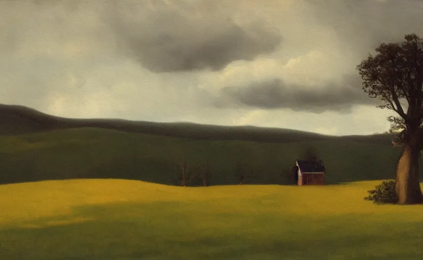 Image similar to A moody painting of an overcast day, clouds, rolling hills, tree stump, Wes Anderson, Peter Ilsted