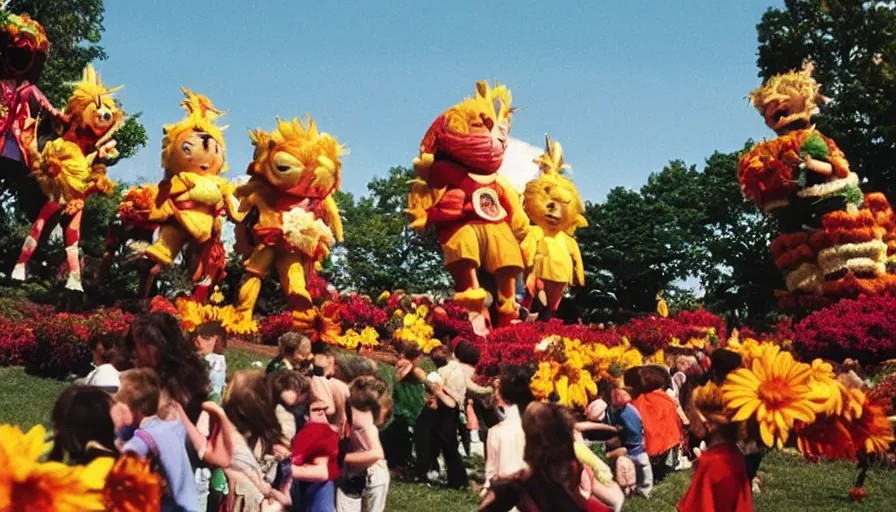Image similar to 1990s candid photo of a beautiful day at the park, cinematic lighting, cinematic look, golden hour, large personified costumed flower people in the background, Enormous flower people mascots with friendly faces chasing kids, kids talking to flower people that are kinda scary, UHD