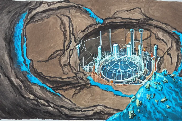 Prompt: nuclear reactor sinkhole, gouache painting