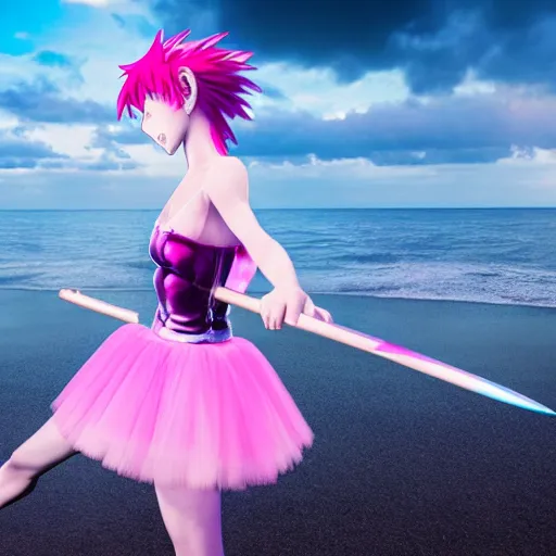 Image similar to hisoka wearing a pink tutu ballet dress with a shiny chrome sword in his hand while standing on a rainy beach with girls in colorfull bikini ‘ s in the back, anime style, 4 k, high detail, minimalistic,