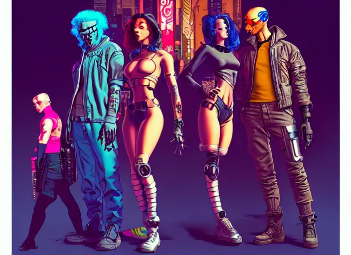 Prompt: cyberpunk street gang. portrait by stonehouse and mœbius and will eisner and gil elvgren and pixar. character design. realistic proportions. cyberpunk 2 0 7 7 character art, blade runner 2 0 4 9 concept art. cel shading. attractive face. thick lines. the team. diverse characters. artstationhq.