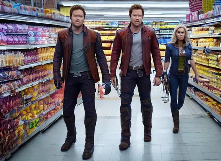 Image similar to film still of Star-Lord played by Chris Pratt shopping in a supermarket in the new Guardians of the Galaxy movie, 4k