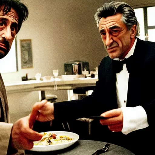 Image similar to movie still of the dinner scene in Heat, rendering of al pacino and robert de niro as old men, cinematic,