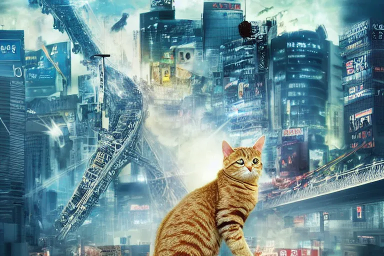 Image similar to cat attacking Tokyo, disaster movie poster, masterpiece, masterwork, cgstudio