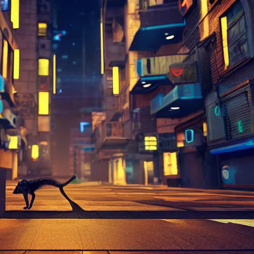 Image similar to cat walking down the street of a cyberpunk city at night, 3d render, Unreal Engine, octane render, ray tracing, Unity, highly detailed, high quality, HD, 4k, 8k, realistic, sharp, no blur, edited, corrected, trending