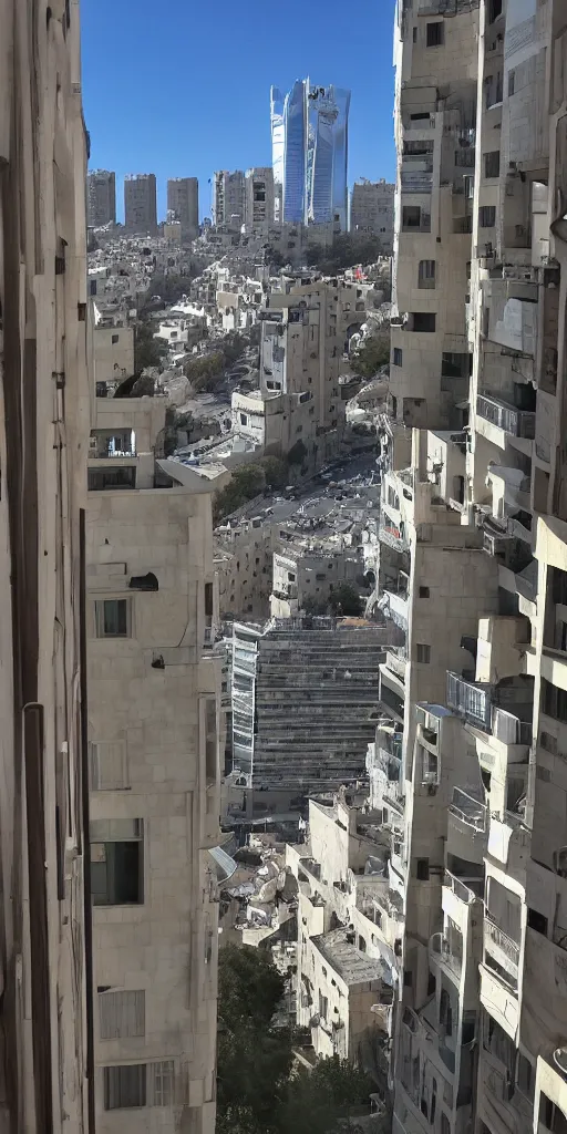 Prompt: first person view waking up in futuristic apartment in futuristic jerusalem