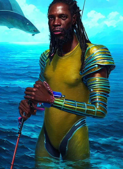 Image similar to portrait of a male jamaican fisherman sci - fi glowing fishing armor fishing rod cyberpunk muscular intricate elegant highly detailed digital painting artstation concept art, ocean background, reggae colors, cinematic, greg rutkowski, loish, rhads, ferdinand knab, makoto shinkai and lois van baarle, ilya kuvshinov, rossdraws, tom bagshaw