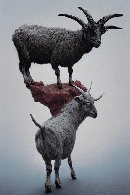 Image similar to painting of hybrid between human andy milonakis and a goat, by zdzislaw beksinski, by tiffany bozic, cold hue's, warm tone gradient background, concept art, beautiful composition, digital painting