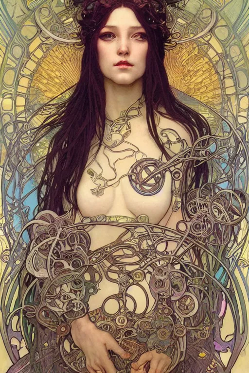 Prompt: realistic detailed face portrait of adult Goddess of cyberpunk Psychedelics by Alphonse Mucha, Ayami Kojima, Amano, Charlie Bowater, Karol Bak, Greg Hildebrandt, Jean Delville, and Mark Brooks, Art Nouveau, cyberpunk!, mechanical accents!, rich deep moody colors