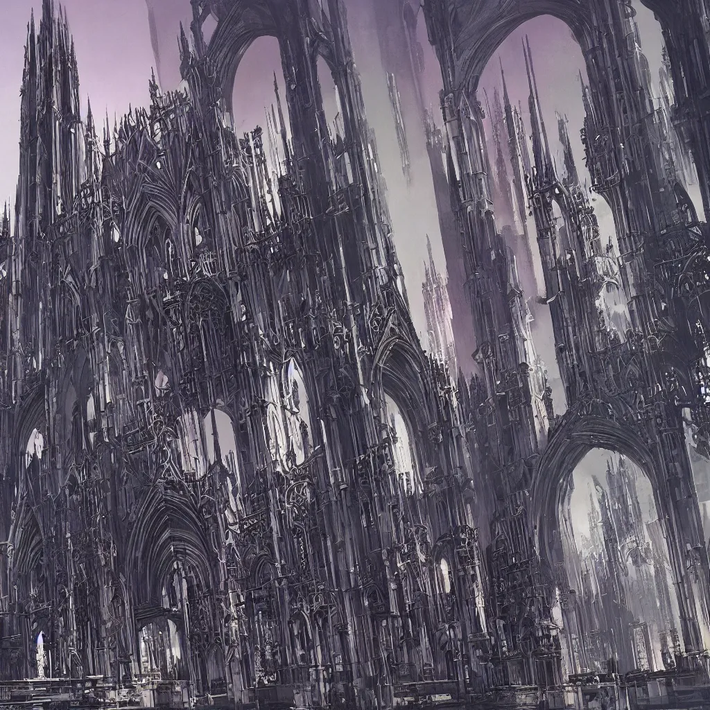 Prompt: gothic cathedral world of cyberpunk architecture by syd mead