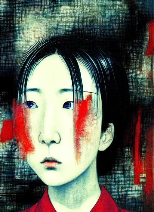 Image similar to yoshitaka amano blurred and dreamy realistic three quarter angle portrait of a young woman with short hair and black eyes wearing office suit with tie, junji ito abstract patterns in the background, satoshi kon anime, noisy film grain effect, highly detailed, renaissance oil painting, weird portrait angle, blurred lost edges