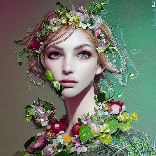 Prompt: the portrait of an absurdly beautiful, graceful, elegant, sophisticated, fashionable young woman made of strawberries and green petals looking up, an ultrafine hyperdetailed illustration by kim jung gi, irakli nadar, intricate linework, bright colors, octopath traveler, final fantasy, unreal engine 5 highly rendered, global illumination, radiant light, detailed and intricate environment