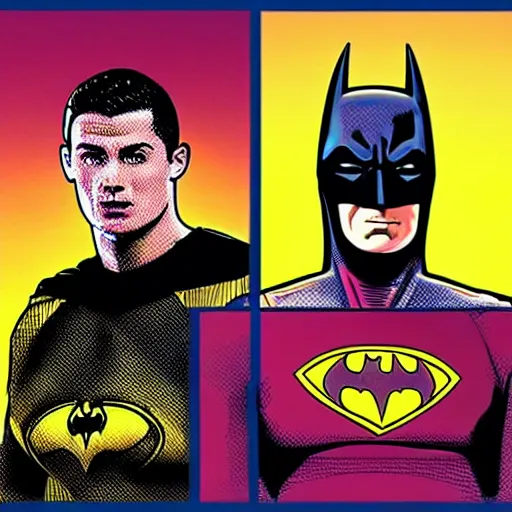 Image similar to comic book artwork of Cristiano Ronaldo as batman and Messi as Robin