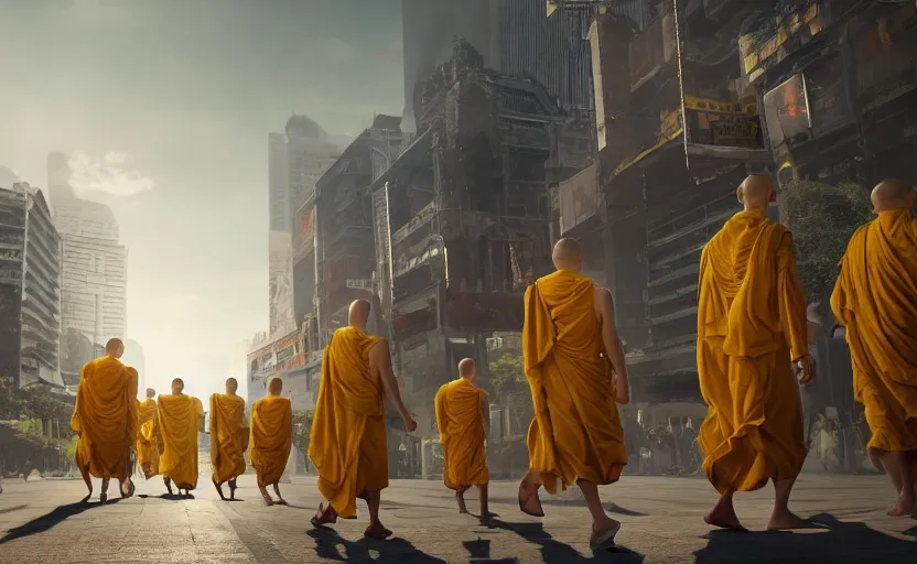 Prompt: In a future Bangkok, yellow-robed monks and huge elephants walk the streets of a bustling city under the hot sun ,by Jamie Jones and greg Rutlkowski ,hyperrealistic rendered in 4k, cinematic composition vray photorealistic focused lighting, HD