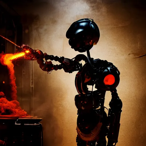 Image similar to toaster oven terminator robot, dark messy smoke - filled cluttered workshop, dark, dramatic lighting, orange tint, sparks, cinematic, highly detailed, sci - fi, futuristic, movie still