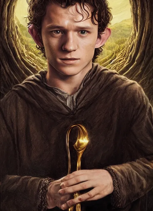 Image similar to portrait of tom holland as frodo, hobbit holding a gold ring with engravings, by alan lee, lord of the rings, smooth, detailed terrain, oil painting, matte painting, concept art, trending on artstation, promotional artwork, film still, elegant, photorealistic facial features, intricate, detailed face, cinematic lighting