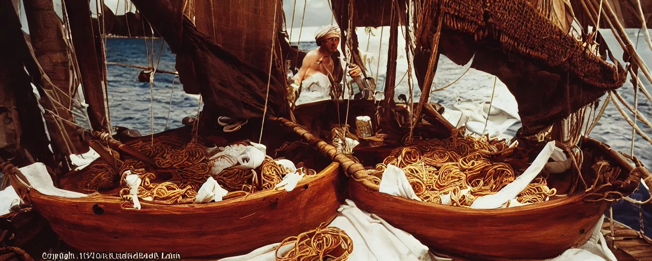 Image similar to the pirate blackbeards spaghetti treasure, aboard his sailboat, caribbean, 1 7 0 0 s, canon 2 0 mm, photograph, kodachrome,