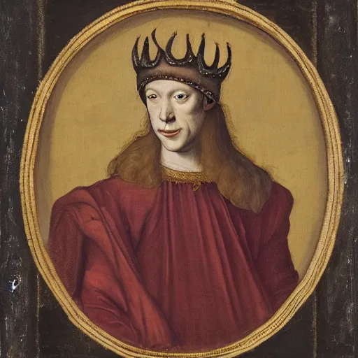 Image similar to renaissance style portrait of a chamois wearing a crown and a cape, dark background