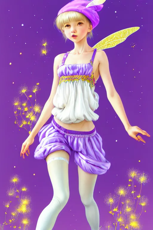 Image similar to Full View fairy maiden with short blond hair wearing an oversized purple Beret, Baggy Purple overall shorts, Short Puffy pants made of silk, silk shoes, a big billowy scarf, Golden Ribbon, and white leggings Covered in stars. covered in embroidery. Short Hair. peasant magic. masterpiece 4k digital illustration by Ruan Jia and Mandy Jurgens and Artgerm and william-adolphe bouguereau, award winning, Artstation, art nouveau aesthetic, Alphonse Mucha background, intricate details, realistic, panoramic view, Hyperdetailed, 8k resolution, intricate art nouveau