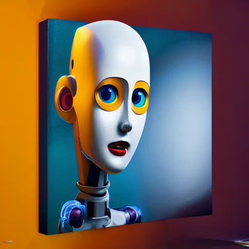 Image similar to full body portrait of a robot painting canvas, big head, high detail, beautiful light, depth of field, sharp focus, clean design, 4 k, pixar, colorful, octane render