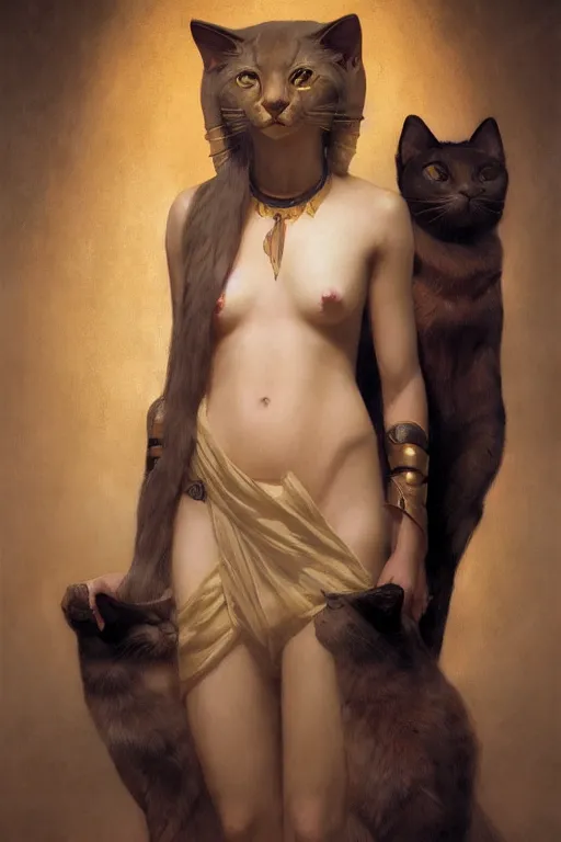 Image similar to softly lit portrait of the beautiful egyptian goddess, bastet, bast, woman / cat hybrid, soft torchlight in an egyptian tomb, digital art by ruan jia and mandy jurgens and artgerm and william - adolphe bouguereau, highly detailed, trending on artstation, award winning,