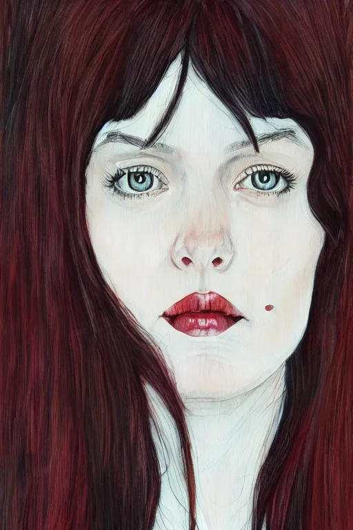 Prompt: portrait of a young beautiful woman with dark hair and dark eyes artwork by Martine Johanna, Jack Gaughan