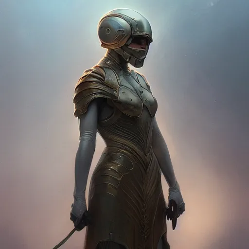 Image similar to pale skinned woman wears a metal helmet, fog, volumetric lighting, intricate, elegant, highly detailed, digital painting, artstation, concept art, smooth, sharp focus, illustration, art by artgerm and greg rutkowski and alphonse mucha