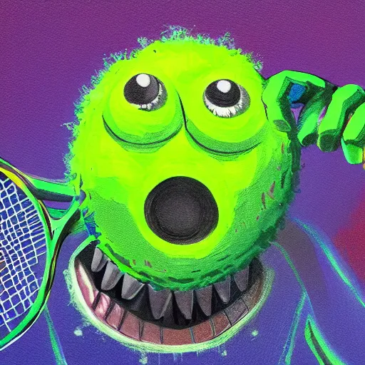 Prompt: a tennis ball monster ,tennis ball, colorful, digital art, fantasy, magic, trending on artstation, ultra detailed, profile picture, professional illustration by Basil Gogos