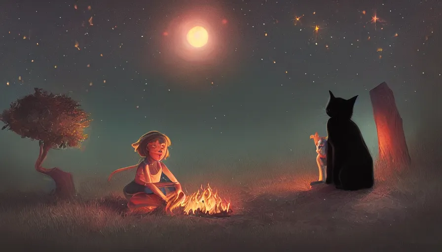 Image similar to a girl and a black cat looking at the stars, campfire, night, stardust, hyperdetailed, artstation, cgsociety, 8 k