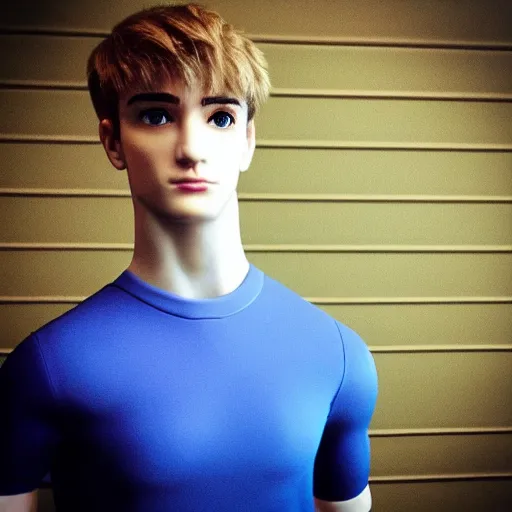 Image similar to “a realistic detailed photo of a guy who is an attractive humanoid who is half robot and half humanoid, who is a male android, twitch streamer Ninja Tyler Blevins, shiny skin, posing like a statue, blank stare”