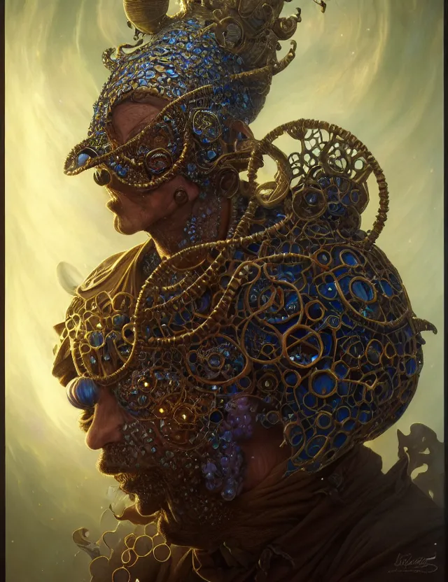 Image similar to front shot of a court jester character, hyperdimensional, bioluminescent hypercubes, ((intricate)), elegant, highly detailed, centered, (((artstation, concept art, smooth, sharp focus, artgerm, Tomasz Alen Kopera, Peter Mohrbacher, donato giancola, Joseph Christian Leyendecker, WLOP, Boris Vallejo))), mugshot!!!!!, ugly!!!!!!, octane render, nvidia raytracing demo, grainy, muted, 8K, digitalblasphemy