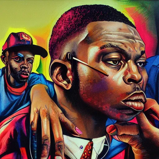 Image similar to detailed photorealistic pictures of 9 0 s hip hop cover album style from rapper two ballz called hustle on the buut in the style of bob peak and alex ross, gouache and wash paints color, detailed facial and body and human environments and background and foreground and small details and big details proportionate, detailed 5 k details, detailed string text.