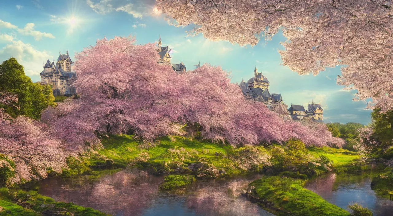 Image similar to landscape with a big castle surrounded by cherry blossom, hyper - detailed, god rays, light, trees, river, trending on artsation