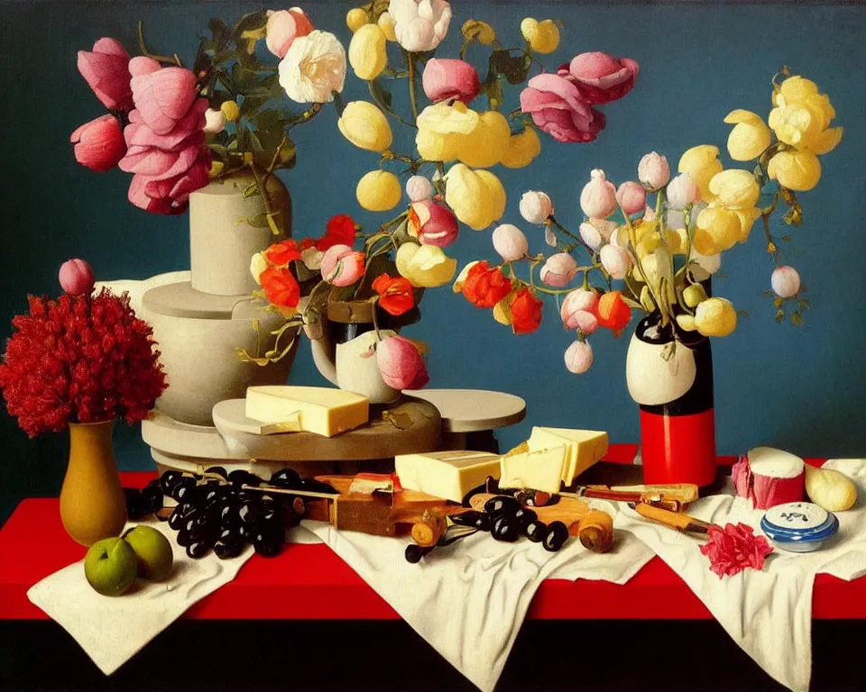 Image similar to an achingly beautiful still life featuring blooming flowers, cheeses, red wine, and model trains by Raphael, Hopper, and Rene Magritte. detailed, romantic, studio lighting, enchanting, trending on artstation.