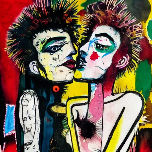 Prompt: watercolor painting of two bizarre psychedelic punk women kissing each other closeup in a bar in japan, speculative evolution, mixed media collage by basquiat and jackson pollock, maximalist magazine collage art, sapphic art, lesbian art, chemically damaged