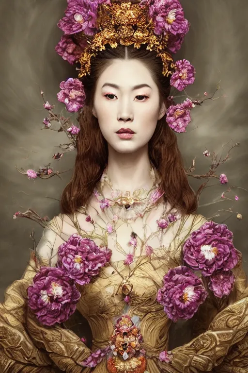 Image similar to a beautiful empress portrait, with a brilliant, impossible striking big flower headpiece, clothes entirely made out of flowers, symmetrical, dramatic studio lighting, rococo, baroque, jewels, asian, hyperrealism, closeup, D&D, fantasy, intricate, elegant, highly detailed, digital painting, artstation, octane render, 8k, concept art, matte, sharp focus, illustration, art by Artgerm and Greg Rutkowski and Alphonse Mucha