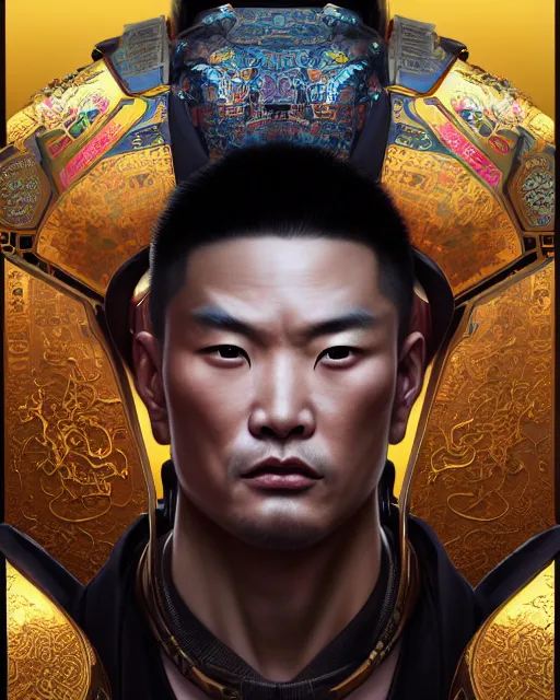 Image similar to portrait of a chinese masculine male cyberpunk machine, machine face, upper half portrait, decorated with chinese opera motifs, muscular, asian, fine china, wuxia, traditional chinese art intricate intense elegant 京 剧 highly detailed digital painting artstation concept art smooth sharp focus illustration, art by artgerm and greg rutkowski alphonse mucha 8 k