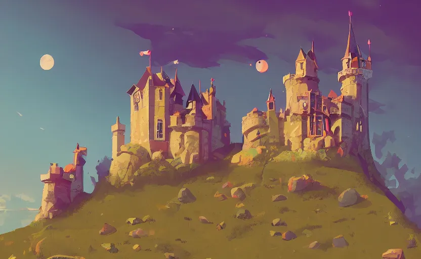 Prompt: old tiny magical castle school on a hill, students flying on brooms, james gilleard, moebius, print, game art