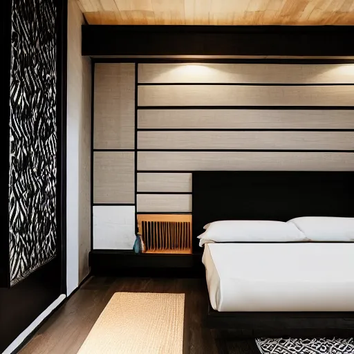 Image similar to bedroom, stone, interior design, stylish luxury hotel bedroom design, yakisugi, black vertical slatted timber, textures, feminine, black walls, art, Japanese pottery vase with flowers, kakejiku, seasonal, Japanese influences