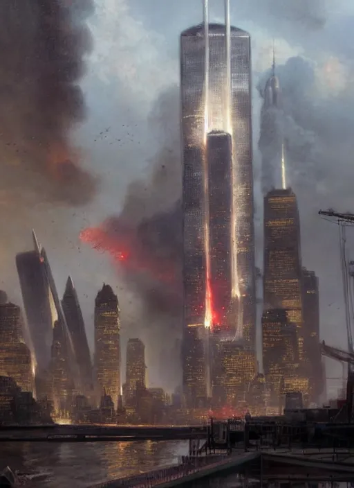 Prompt: hyper realistic 9 / 1 1 attacks, atmospheric beautiful details, strong composition painted by kim jung giu weta studio rutkowski, james gurney and greg rutkowski, and lucasfilm
