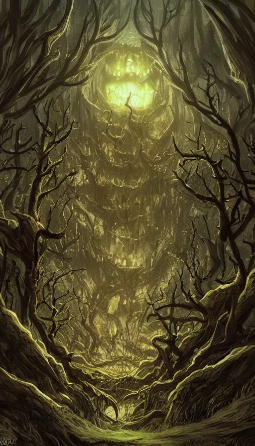 Image similar to a storm vortex made of many demonic eyes and teeth over a forest, by d & d concept artists