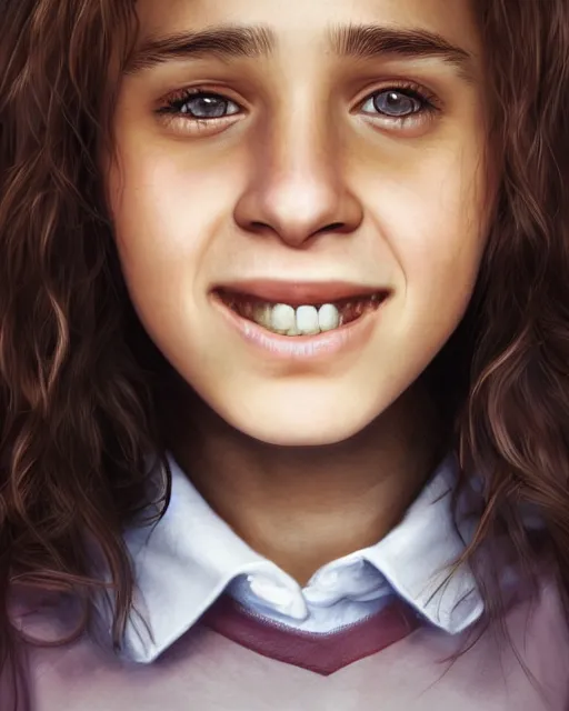 Image similar to close up portrait of 1 5 - year - old girl, smile with large front teeth, hermione granger, very bushy brown hair, and very bright brown eyes, wearing white shirt, hyper realistic face, beautiful eyes, character art, art by mark brooks, hyperdetailed, cryengine, trending on artstation, digital art