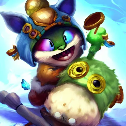 Image similar to league of legends teemo holds yuumi by her scruff, league of legends splash art